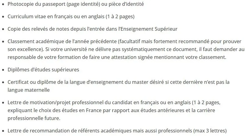 Dossier de candidature à la bourse Eiffel pour le master à l'Université Paris Cité.