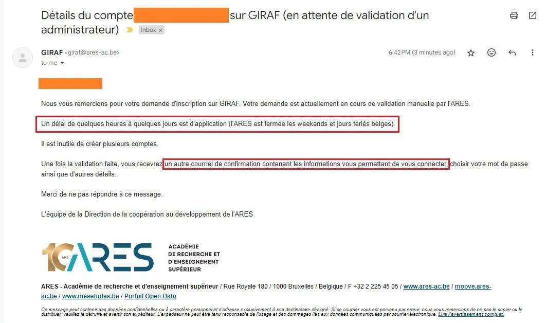 ARES GIRAF account creation confirmation email indicating that the registration request is awaiting administrator approval, which may take from a few hours to several days.