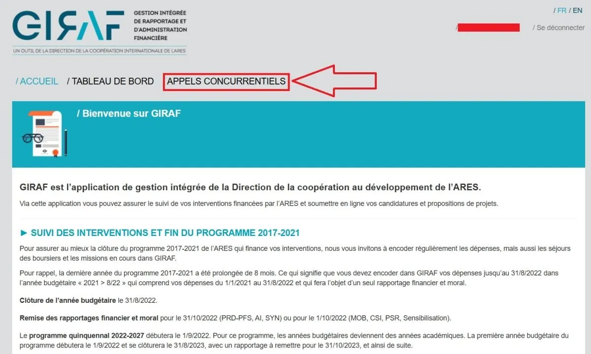 GIRAF application homepage for applying to the ARES International Training Scholarship Program